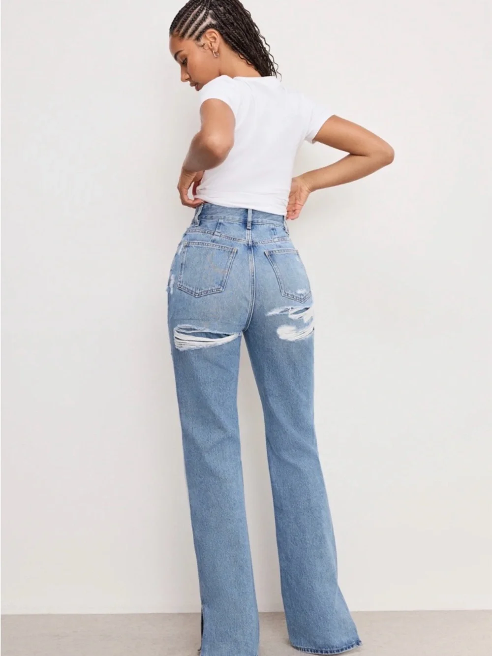 Good American Light Blue Distressed Wide-Leg Jeans - Women - Picture 7 of 8